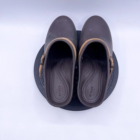 Crocs Brown Sarah Clog Womens 9 Heel Dual Comfort Mules Suede Leather Strap Shoe - Picture 5 of 9